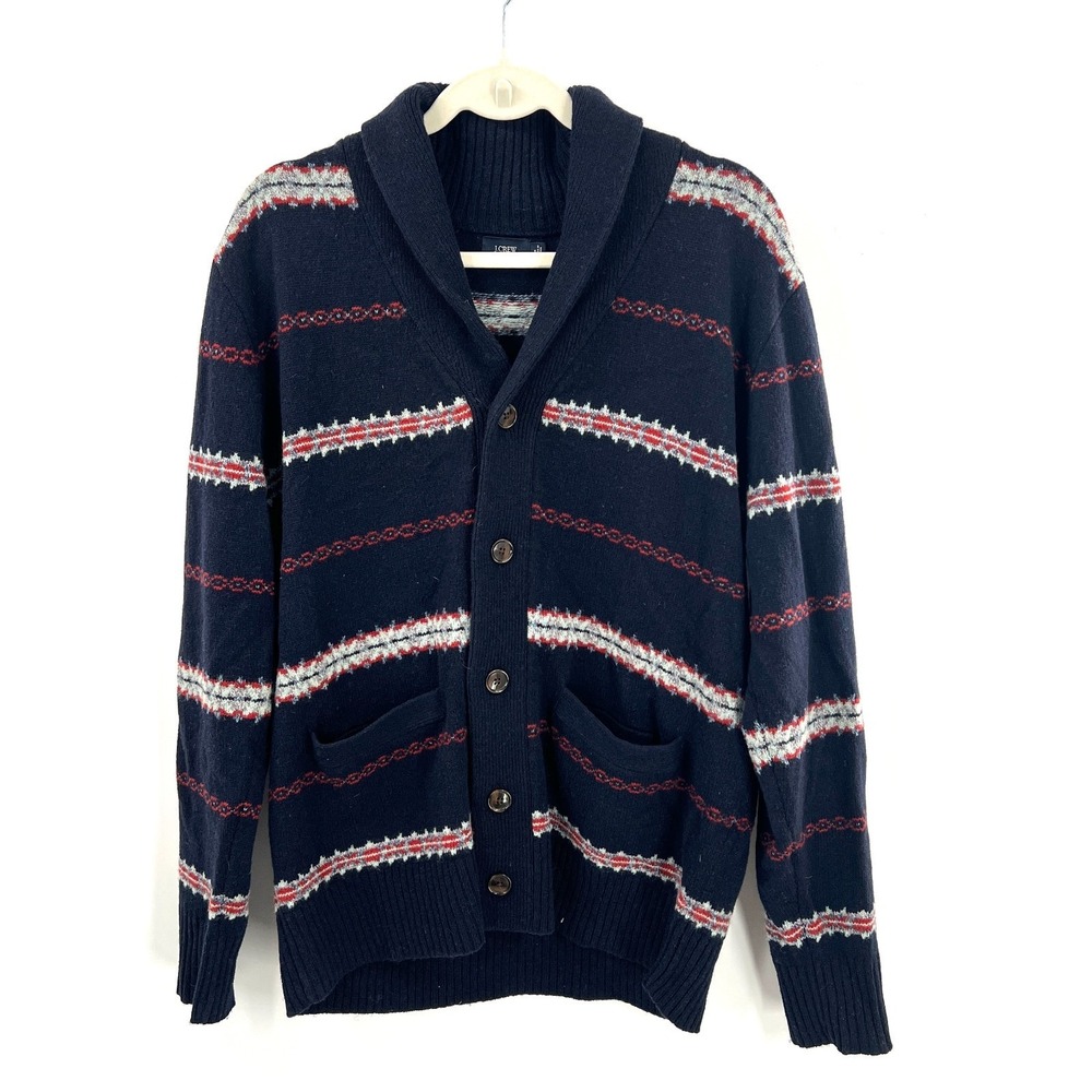 J. Crew Shawl Collar Cardigan sweater Mens Blue Fair Isle Lambs‎ Wool grandpa M